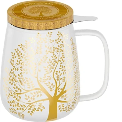 Obrázek amapodo Šálek na čaj s víkem a sítkem 600 ml velký porcelánový šálek XXL set bílý bez plastů