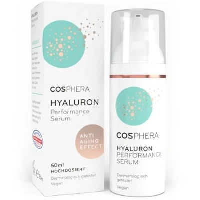 Obrázek Krém Cosphera hyalouronové, účinné sérum, velké množství 50 ml kyselina hyaluronová, ve vysoké koncentraci na obličej, krk, dekolt, oči veganský, protivráskový krém, hydratační ošetření pro ženy a muže.