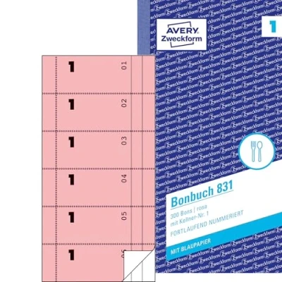 Obrázek AVERY Zweckform 831 bondář (105 x 198 mm, 300 bonů s číšníkem č. 1, listem modrého papíru a po jednom průrazníku, 1 blok kusy, ideální pro gastronomické potřeby) růžová/bílá