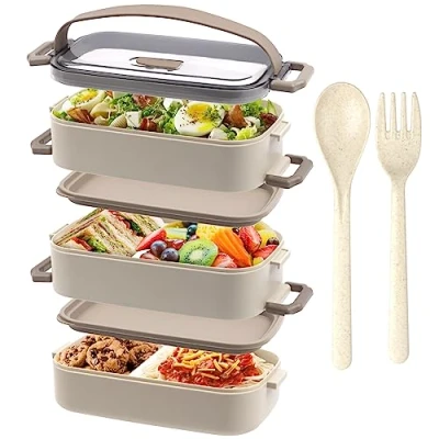 Obrázek OITUGG krabička na svačinu 3patrová oběd pro dospělé Bento box 2200 ml, s příborem a 3 ks přihrádkami, nastavitelný, bez BPA, vhodný do mikrovlnné trouby, béžová, 19,5 x 11,2 15 cm,