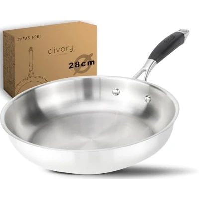 Obrázek DIVORY Nerezová pánev 28 cm PURA indukce I nepotažená velká pro všechny typy sporáků indukční pánev, ergonomická rukojeť, vhodná do myčky (28 cm, stříbrná)
