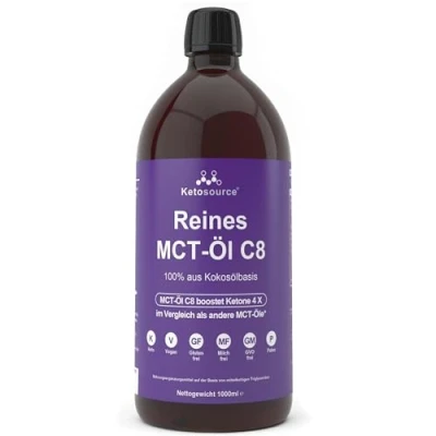 Obrázek Čistý MCT olej C8 Produkuje 4 x ketony ve srovnání s jinými oleji Nejvyšší čistota více než 99 % 100 z kokosu podporuje keto a půst Vegan 1000 ml Ketosource®