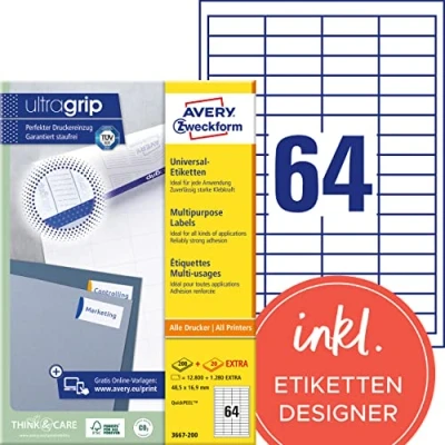 Obrázek AVERY Zweckform Univerzální etikety 3667 200 (12 800 plus 1 280 samolepicích etiket navíc, 48,5 x 16,9 mm na A4, papír matný, individuálně potisknutelný, samolepicí nálepka s ultragrip) 220 listů,