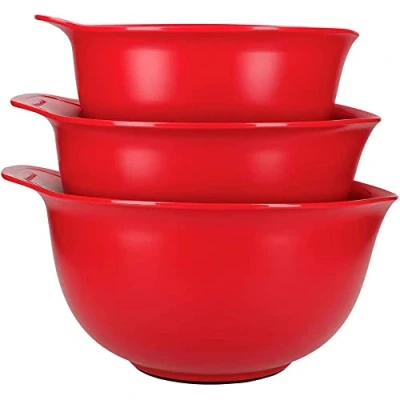 Obrázek KitchenAid , Kunststoff, 3er Set Rührschüsseln, Spülmaschinenfest, ineinander stapelbar, 3 Schüsseln mit rutschfester Basis und Ausguss Empire Rot