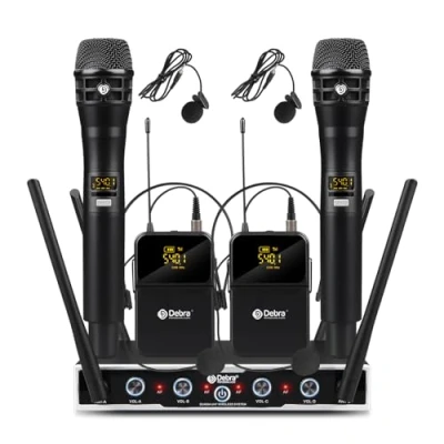 Obrázek D Debra bezdrátový mikrofon DU4004 UHF 4 * 16 nastavitelný kanál s ručním mikrofonem/Bodypack Transmitter/Headset mikrofon/Lavalier připínací mikrofony, pro zpěv, karaoke (2 Handheld 2