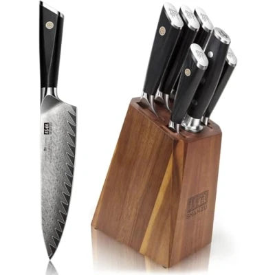 Obrázek SHAN ZU Damaststahl Messerblock mit Messer, 7 teiliges Küchenmesserset AUS Japanischem 10 Spitzenstahl, Professionelles Küchenmesser G10 Griff GYO Series