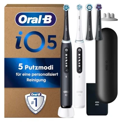 Obrázek Oral B iO Series 5 PLUS Edition elektrický zubní kartáček/elektrický kartáček, dvojité balení 2 kartáčky + magnetické pouzdro, režimů čištění, Designed by Braun, Matt Black/Quite White