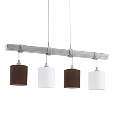Obrázek EGLO závěsné svítidlo Townshend 2, 4 plamenná závěsná lampa vintage, dřevo, ocel v bílé patině a textilu, len bílé, hnědé, na jídelní stůl, do obývacího pokoje s