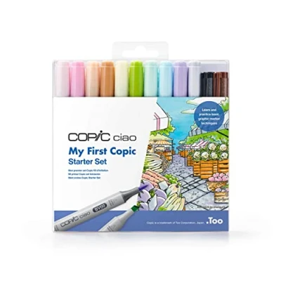 Obrázek COPIC Ciao sada &quot;My First Copic&quot;, startovací s 10 dvojnásobnými popisovači, 2 multilinery Black a Sepia 0,3 mm, 3 předlohy 8 listů prémiového papíru DIN A6, vč. návodu