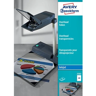 Obrázek AVERY Zweckform 2502 Overhead fólie pro inkoustové tiskárny (50 transparentních fólií, A4, speciální povrchová úprava, stohovatelná, rychlá absorpce barev bez rozmazávání a rozmazání, tloušťka 0,11 mm)