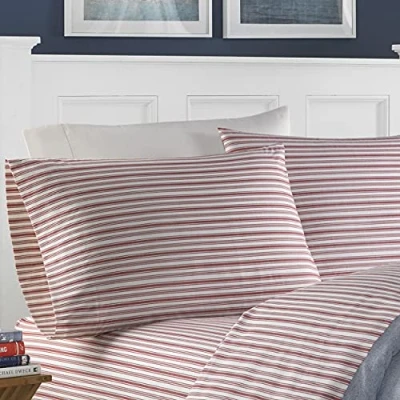 Obrázek Nautica Queen Size Bettlaken, Baumwoll Perkal Bettwäsche Set, lässige Heimdekoration (Coleridge Stripe Red, Queen)
