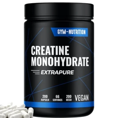 Obrázek CREATIN monohydrát kapsle 3000 mg kapslí 200 vysokých dávek kreatinu, čistý kreatin Mesh veganský, plněno do německých tréninků a fitness doplňků, 66 porcí