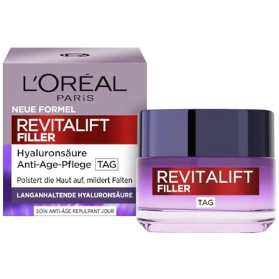 Obrázek L&#039;Oréal Paris Hyaluron denní krém, péče o obličej Anti Aging s mikrofiltrem, kyselina hyaluronová pro vlhkost a efekt proti vráskám, Revitalift Filler, 1 x 50 ml