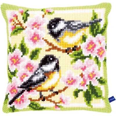 Obrázek Vervaco Kreuzstichkissen 2 Kohlmeisen in Blumen Kreuzstichpackung Stickkissen vorgezeichnet, Stramin, weiß, 40 x 0,3 cm
