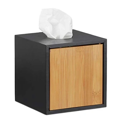 Obrázek Relaxdays box na kosmetické ubrousky černý, čtvercový kapesníky, kosmetický box, bambus, v x š h: 14,5 cm, černý