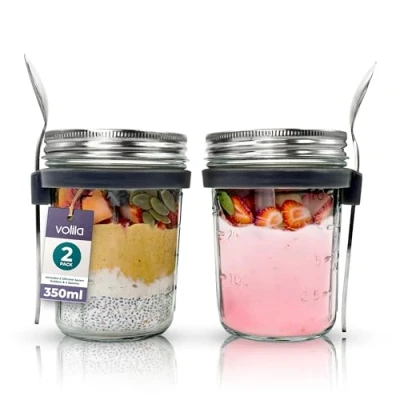 Obrázek volila Skleničky Overnight Oats (2 ks à 350 ml) nádoba s víkem kelímek na müsli to Go Glas pro Oats, jogurt a saláty sklenice recepty lžící