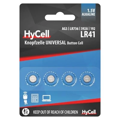 Obrázek HyCell Alkalické knoflíkové baterie LR41 1,5 V, 4 kusy, AG3 GP192 L736, dlouhá životnost, pro kalkulačky, hračky, hodinky