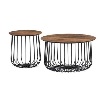 Obrázek Set 2 ks stolků,pr.60x34, pr.37x39 cm, deska MDF, 3D dekor staré dřevo, kovová drátěná podnož, černý mat AF 3007 OLW