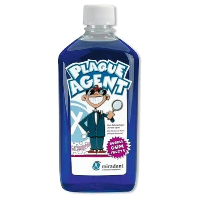 Obrázek miradent Plaque Agent® roztok na oplachování zubů 500 ml pro kontrolu plaku děti s příjemnou příchutí &quot;bublinkové gumy&quot; připravený k použití vč. dávkovacího víčka bez erytrosinu