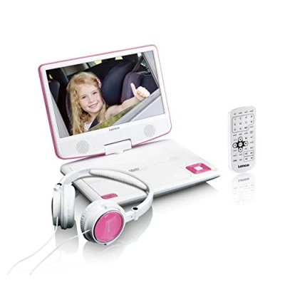 Obrázek Lenco přenosný DVD přehrávač DVP 910 9 palců (22,5 cm) s otočným displejem a integrovanou baterií (USB, AV výstup), síťový adaptér, sluchátka, růžový