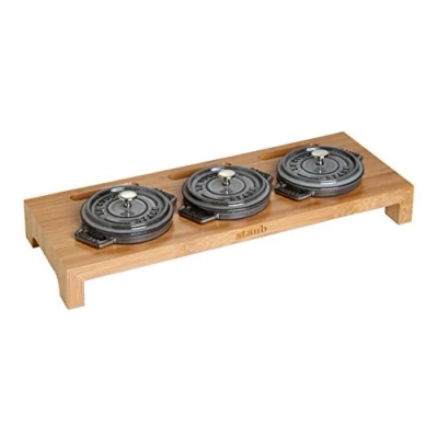 Obrázek STAUB Servírovací prkénko v bambusovém vzhledu, vhodné pro 3 mini kocottes 10 cm (není součástí dodávky), velikost stojanu: 42 x 16 5 cm, dřevo, světle hnědá