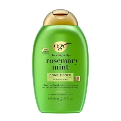 Obrázek OGX refreshing scalp+ Rosemary Mint Conditioner (385 ml), čistící kondicionér, který pomáhá viditelně odstraňovat oleje a zbytky, pro všechny typy vlasů, zejména mastné vlasy pokožku hlavy