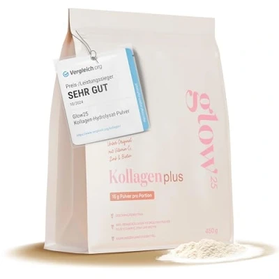 Obrázek Glow25® Kolagen Plus [450 g] s vitamínem C, zinkem a biotinem prémiový hydrolyzát kolagenu peptidy typu 1 3 perfektní rozpustnost