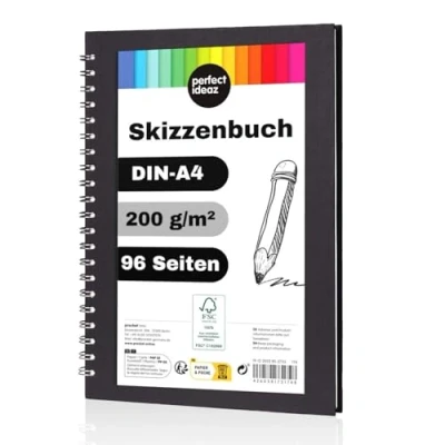 Obrázek perfect ideaz Skicák DIN A4, spirálová vazba, certifikovaný FSC®, 96 stran (48 listů), tvrdý obal černý, sketchbook, 200 g/m² silný papír, bez obsahu kyselin