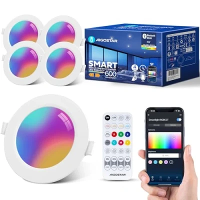 Obrázek Aigostar vestavné bodové světlo LED Downlight, 6W Smart stropní vestavná lampa RGB+CCT kompatibilní s Alexa Bluethooth Mesh, teplota barvy 2700 K 6500 K, IP44 svítidlo dálkovým ovládáním,