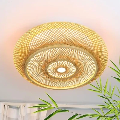 Obrázek Bambusové stropní svítidlo LED dřevěná lampa s dálkovým ovládáním stmívatelné ručně tkaný přírodní 55W retro ratan kulaté do ložnice obývacího pokoje chodby, 60 cm