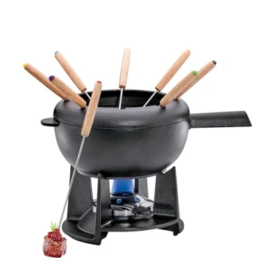 Obrázek Spring Litinová sada na fondue černá Ø 20 cm s 8 vidličkami a ochranou proti stříkání pro sýrové fondue, masové Rechaud hořák