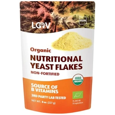 Obrázek LOOV Bio neobohacené živné kvasnice vločky, ještě pražené, veganské, bez genetické techniky, bezlepkové, vitamíny B, 227 g, přidání vitamínů, přidaného cukru, uzavíratelný sáček