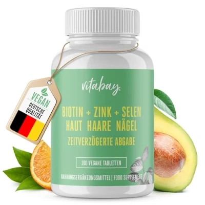 Obrázek Vitabay Vysoké dávky biotin 10000 mcg 180 tablet TIME RELEASED &amp; VEGAN vitamíny na vlasy pro zinek selen kůže nehty kapsle vlasové ženy tablety