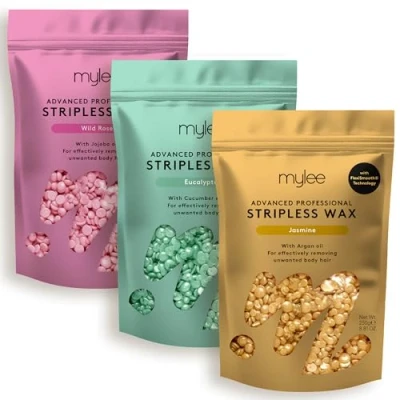 Obrázek Mylee Advanced Wachs Set 3x250g [Jasmin, Eukalyptus, Wildrose] Professionelle streifenlose Hartwachsperlen, schmerzlose Haarentfernung, keine Streifen nötig, abziehbares Heißwachs, Ganzkörper, Gesicht