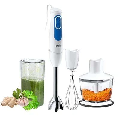 Obrázek Braun Household Tyčový mixér MQ 3035 WH MultiQuick 3 ponorný s nerezovou mixovací patkou, 2 rychlosti, ochrana proti stříkání, vhodný do myčky nádobí, sekáček, šlehací metla a odměrka 600 ml,