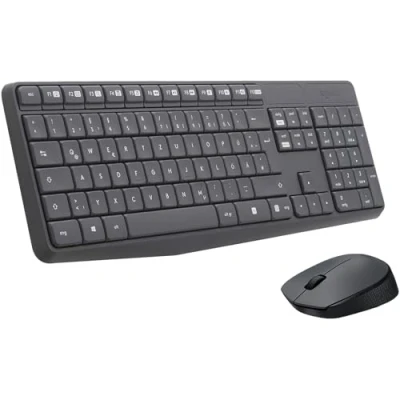 Obrázek Bezdrátová klávesnice a myš Logitech MK235, 2,4 GHz připojení prostřednictvím přijímače USB Unifying Nano, dosah 10m, 15 tlačítek FN, výdrž baterie 3 roky, PC / laptop, německé rozložení QWERTZ šedá