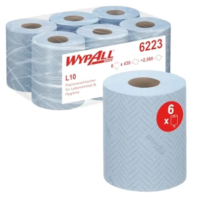 Obrázek WypAll L10 Utěrky na čištění papíru pro potraviny a hygienu 6223 1vrstvá modrá role s centrálním vyjmutím 6 rolí x 430 čisticích hadříků (celkem 2 580)
