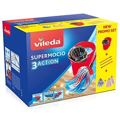Obrázek Vileda SuperMocio Box, Bodenreinigungssystem, Set mit Auswringer, 2 Mikrofaser &amp; Power Flocken, 1 Schleife 3 Action, Griff Stück, Rot