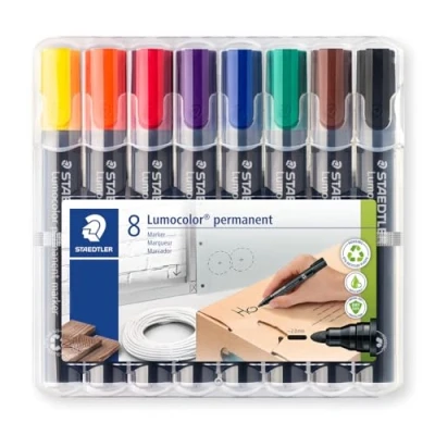 Obrázek STAEDTLER permanentní popisovač Lumocolor, odolný proti rozmazání a vodě, blokovaný kulatý hrot, šířka čáry 2 mm, za sekundu suchý, doplňovací, 8 zvýrazňovačů v tříděných barvách, 352 WP8
