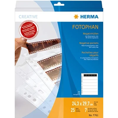 Obrázek HERMA 7761 negativních obalů 35 mm pro pořadač, 25 kusů po 7 malých obrázcích proužků 5 obrázcích, negativní archivační obaly na negativy s euroděrováním a bezpečnostní klapkou, transparentní