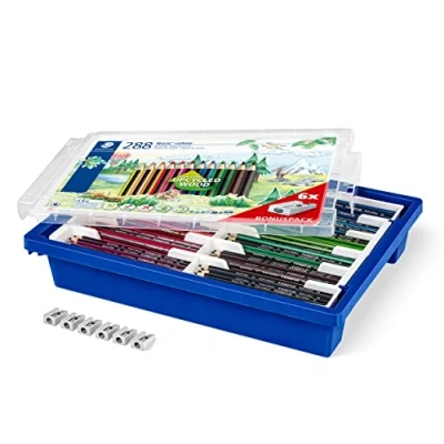 Obrázek STAEDTLER Pastelky Noris colour, protiskluzový měkký povrch, vysoká odolnost proti zlomení, Made from Upcycled Wood, šestihranný formát, sada 288 tužek v 12 intenzivních barvách a 6 ořezávátky, 185
