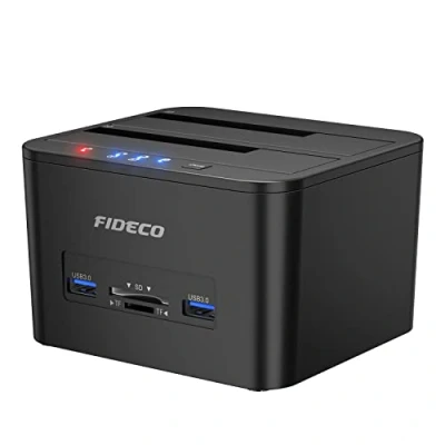 Obrázek FIDECO dokovací stanice pro pevné disky, USB 3. 0 duální šachta disky offline funkce klonování 2,5 palce a 3,5 HDD SSD SATA, podporuje TF SD kartu, podpora UASP