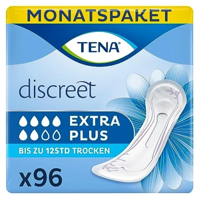 Obrázek TENA Discreet Extra Plus 96 vložek v měsíčním balení (6 x 16 kusů), jednotlivě balené hygienické vložky pro ženy při střední slabosti močového měchýře a inkontinenci