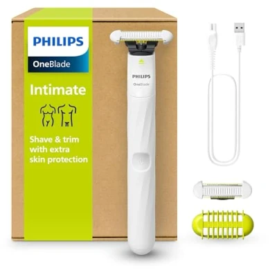 Obrázek Philips OneBlade Intimate elektrický intimní holicí strojek a zastřihovač pro muže ženy, s extra ochranou pokožky, 2x čepele SkinProtect, 1x 3mm zastřihovací nástavec, QP1924/30