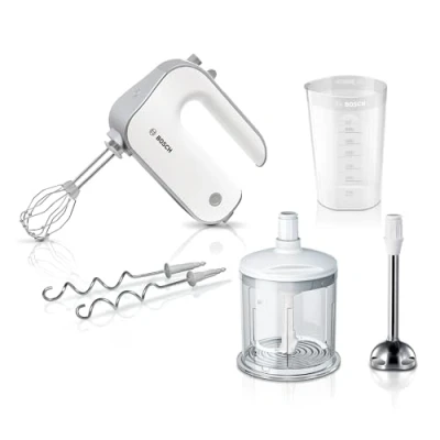 Obrázek Bosch Domácí přístroje Ruční mixér Styline MFQ4080, 2 metličky, hnětací háky z ušlechtilé oceli, vhodné do myčky, drtič, mixér, 5 stupňů plus turbo stupeň, 500 W, bílý/stříbrný