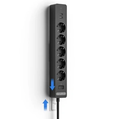 Obrázek NTONPOWER zásuvková lišta na stěnu 5násobná s USB C, vícenásobná zásuvka vypínačem prodlužovací kabel 1,5 m dětská pojistka, černá