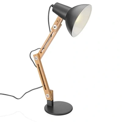 Obrázek Navaris Designová dřevěná lampa na psací stůl objímka E27 s podstavcem retro stolní nastavitelným kloubovým ramenem vintage noční stolek tmavě šedá