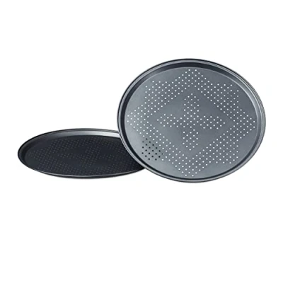 Obrázek Relaxdays Talíř na pizzu s perforací v sadě, kulaté plechy extra velkým průměrem: cca 29 cm pečicích plechů a slané koláče, sada 2 ks, nepřilnavý povrch, antracit