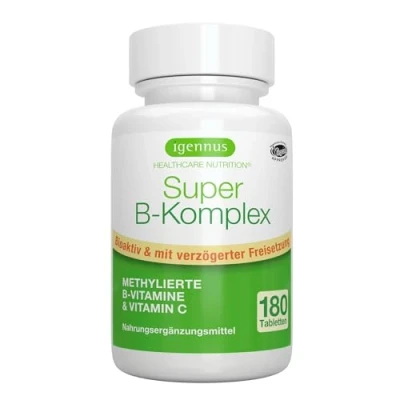 Obrázek Komplex vitamínu B s vysokou dávkou metylované vitamíny folátem, B6, B1 a B12 všech 8 v bioaktivních formách plus vitamin C, depotový účinek, veganské, 180 tablet, Igennus