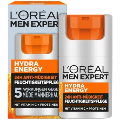Obrázek L&#039;Oréal Men Expert Péče o obličej proti unavené pleti pro muže, povzbuzující hydratační krém 24h únavě, pleťový muže s vitaminem C a proteiny, Hydra Energy, 1x 50 ml